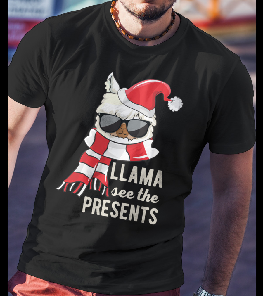 Llama See The Presents Funny Hat Xmas Alpaca Christmas Santa Scarf Sunglasses T-Shirt