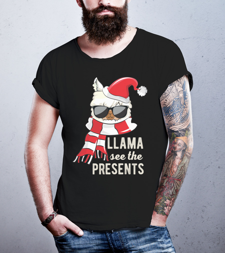 Llama See The Presents Funny Hat Xmas Alpaca Christmas Santa Scarf Sunglasses T-Shirt