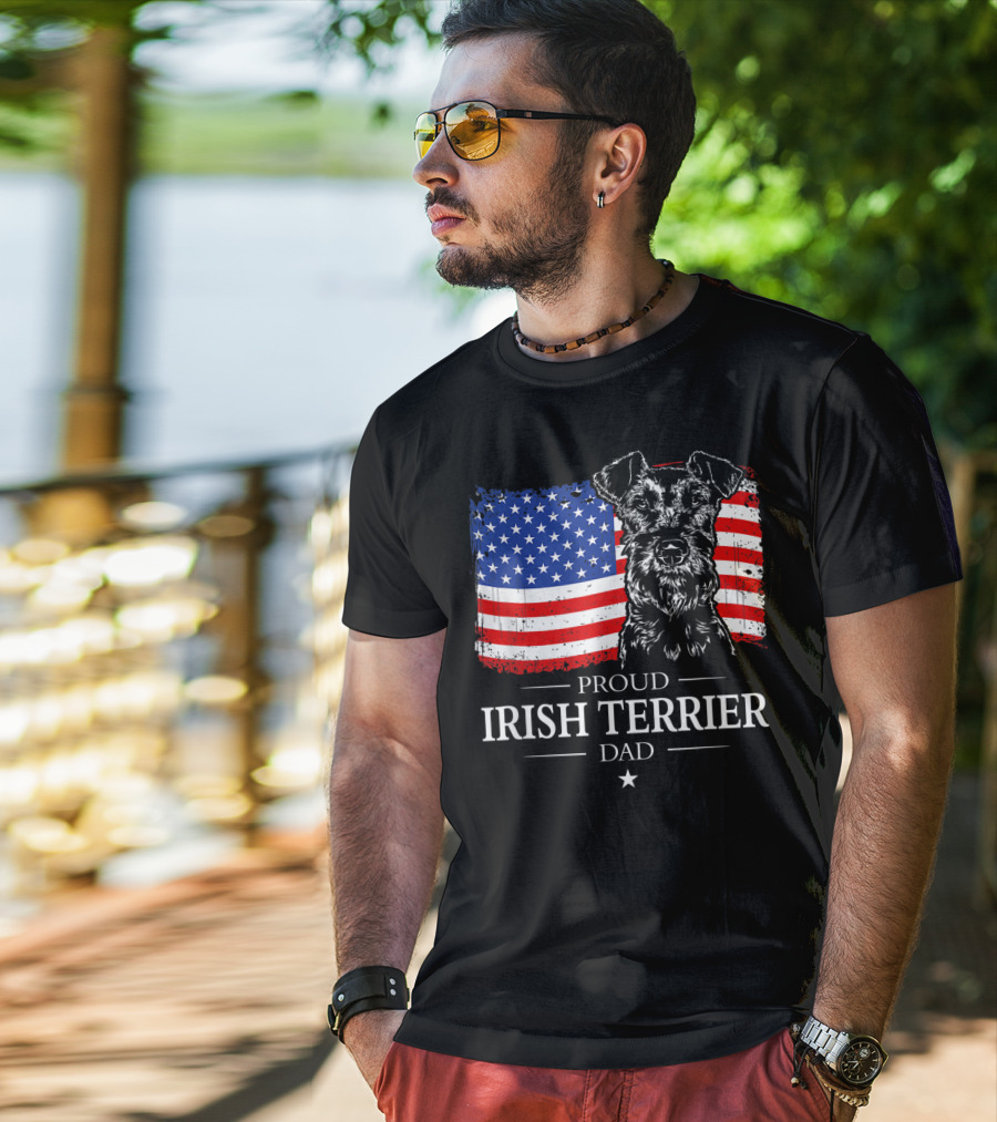 Proud Irish Terrier Dad With American Flag Background T-Shirt