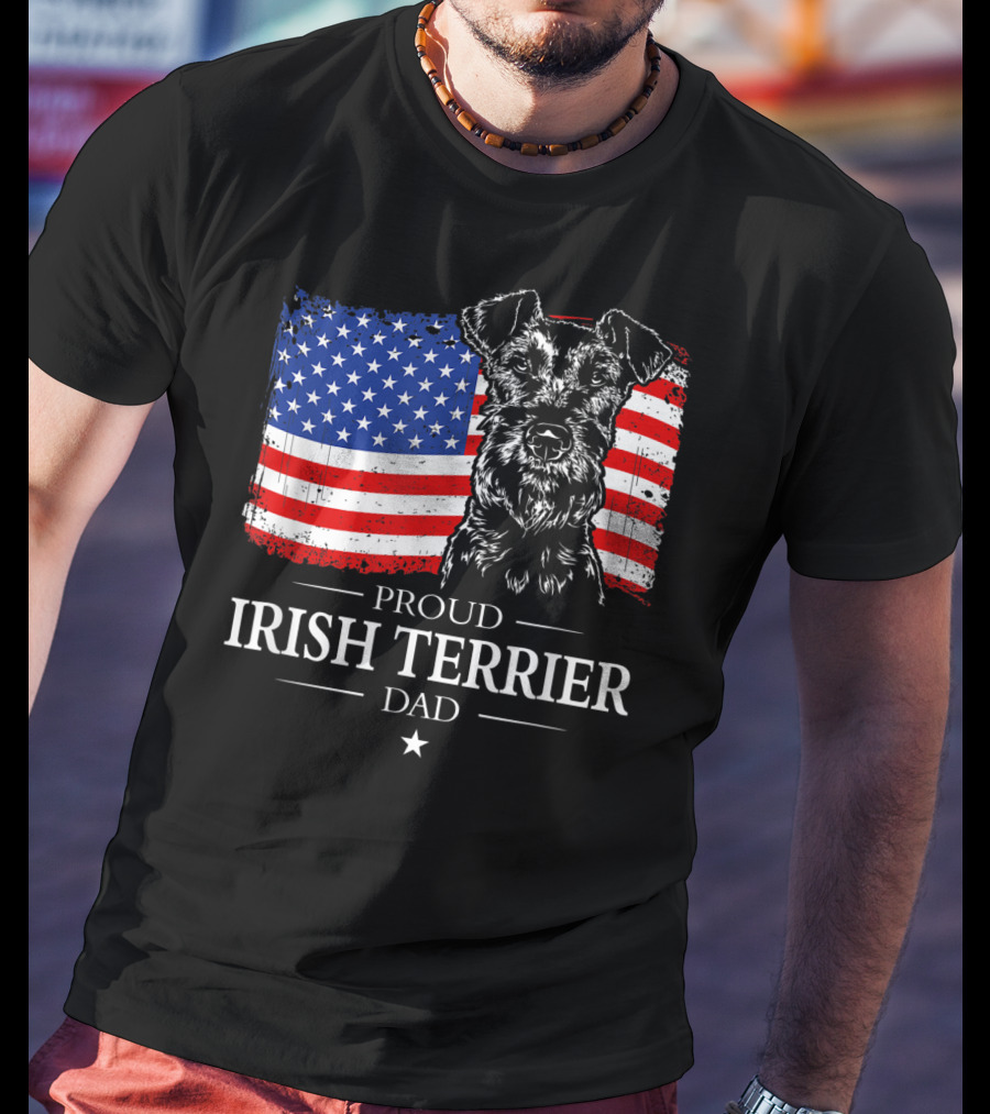 Proud Irish Terrier Dad With American Flag Background T-Shirt