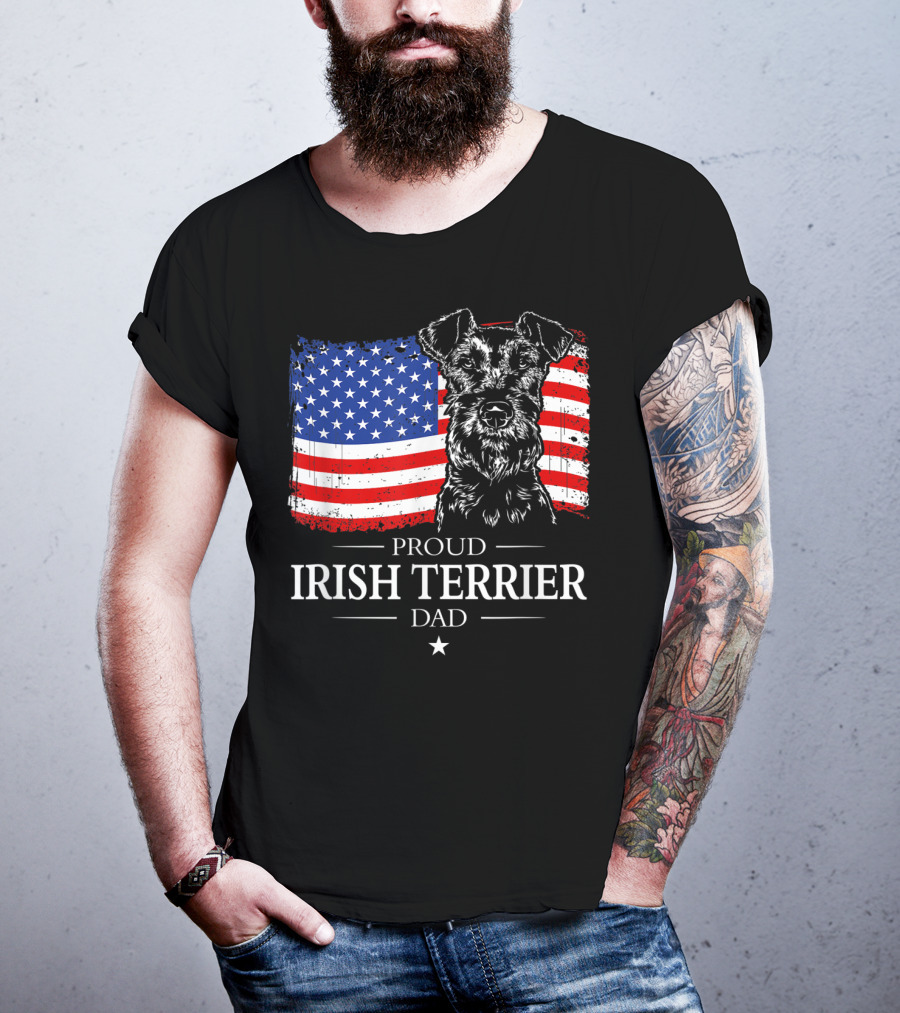 Proud Irish Terrier Dad With American Flag Background T-Shirt