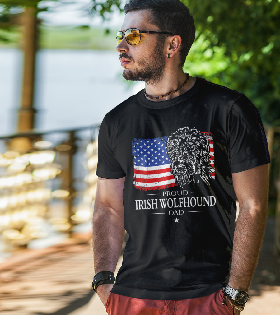 Proud Irish Wolfhound Dad American Flag T-Shirt