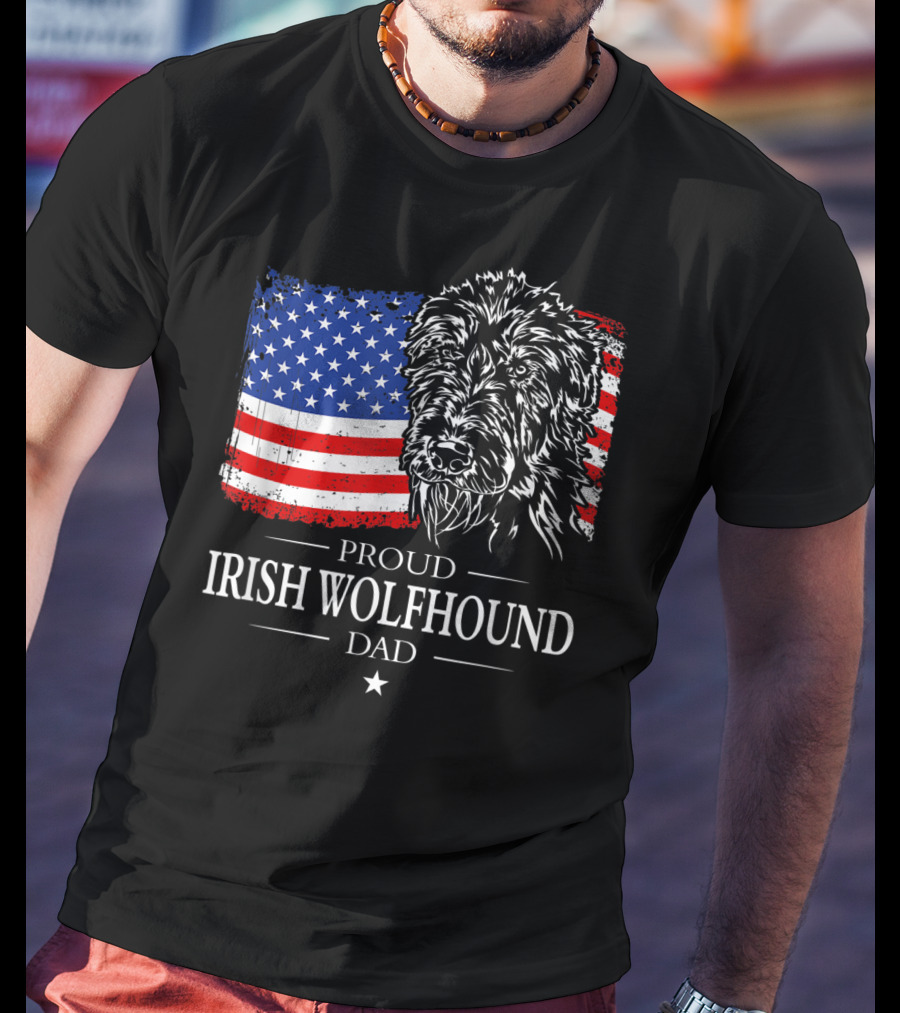 Proud Irish Wolfhound Dad American Flag T-Shirt