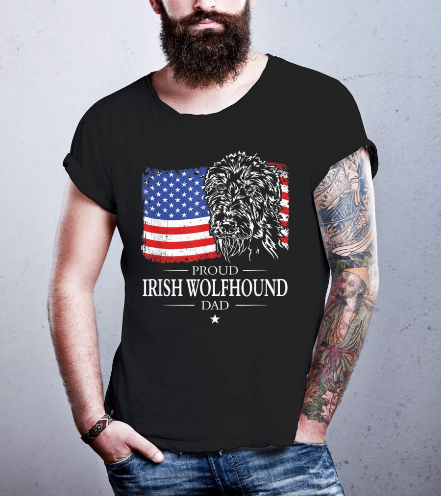 Proud Irish Wolfhound Dad American Flag T-Shirt
