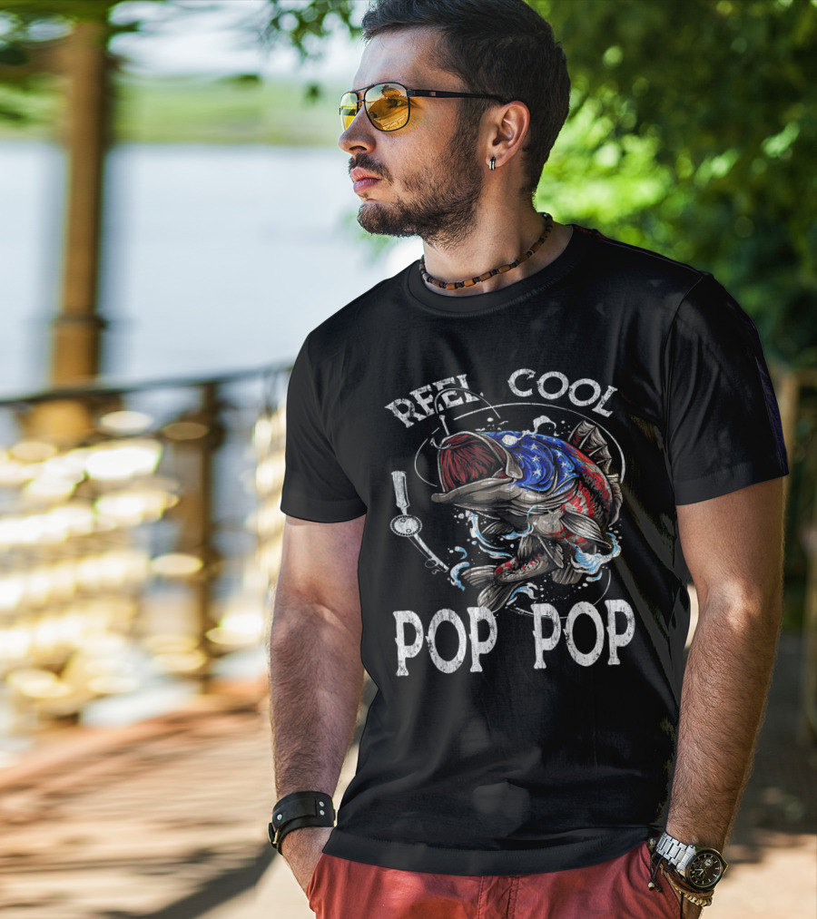 Reel Cool Pop Pop American Flag Bass Fish T-Shirt