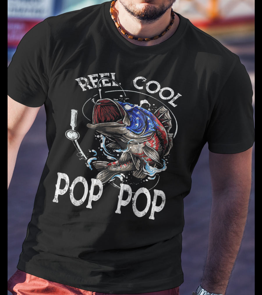Reel Cool Pop Pop American Flag Bass Fish T-Shirt