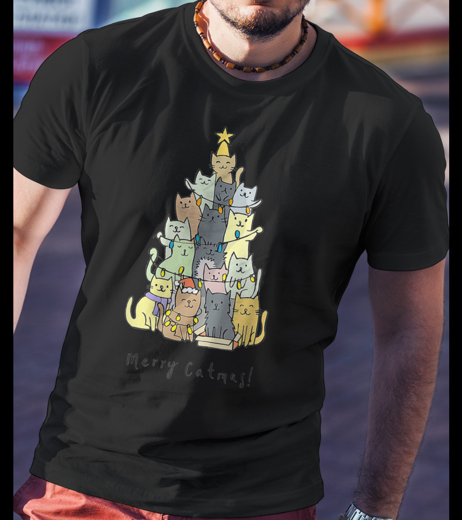 Merry Catmas Funny Cats Christmas Tree With Star And Decorations T-Shirt