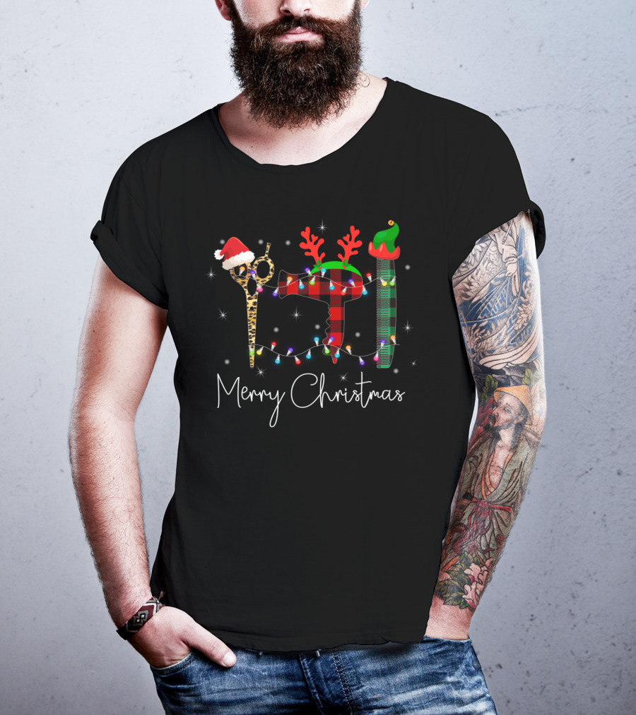 Merry Christmas Hairstylist Hairdresser Leopard Scissors Reindeer Antlers Blow Dryer Tool Holiday Lights T-Shirt
