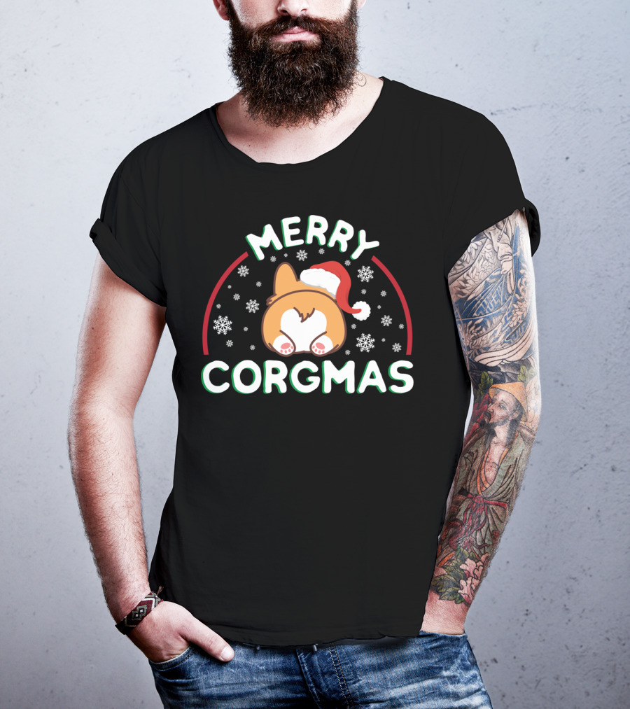 Merry Corgmas Corgi Doggo With Santa Hat And Snowflakes T-Shirt