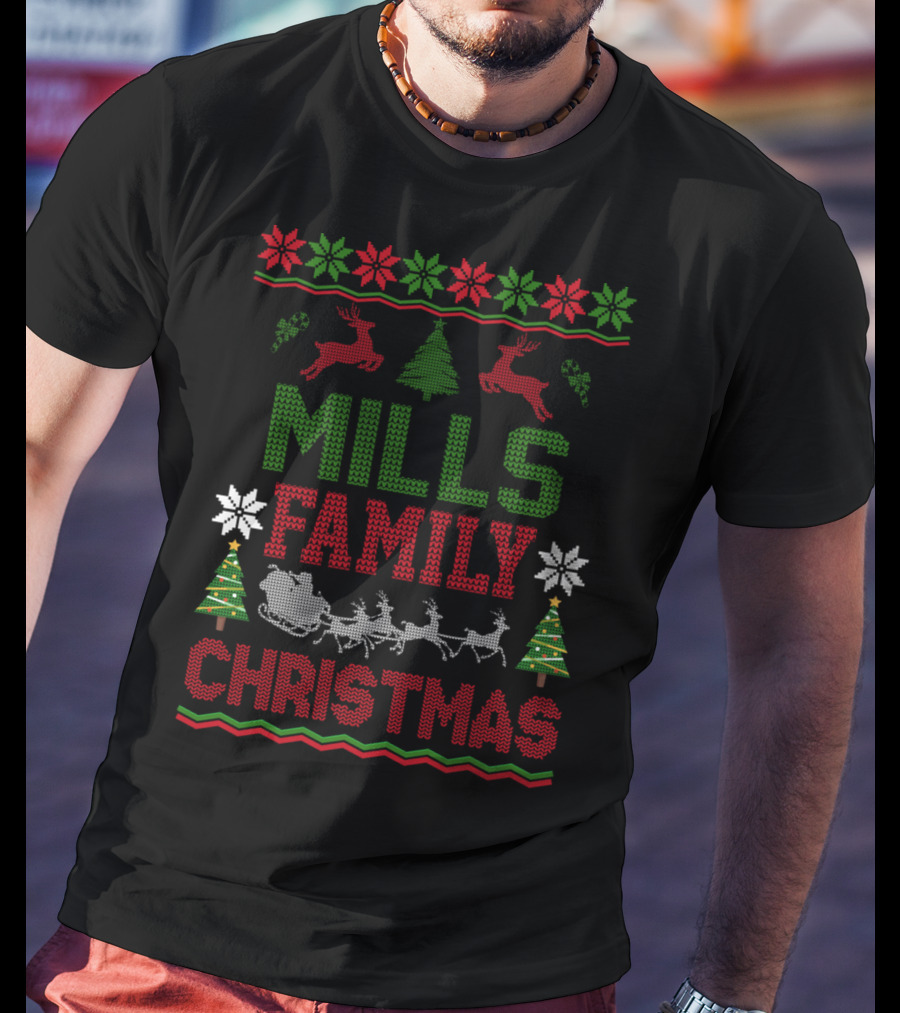 Mills Family Christmas Reindeer Sleigh Ugly Sweater Holiday Trees T-Shirt
