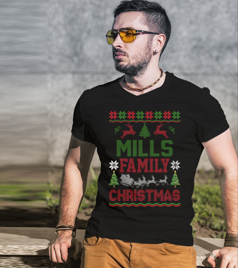 Mills Family Christmas Reindeer Sleigh Ugly Sweater Holiday Trees T-Shirt