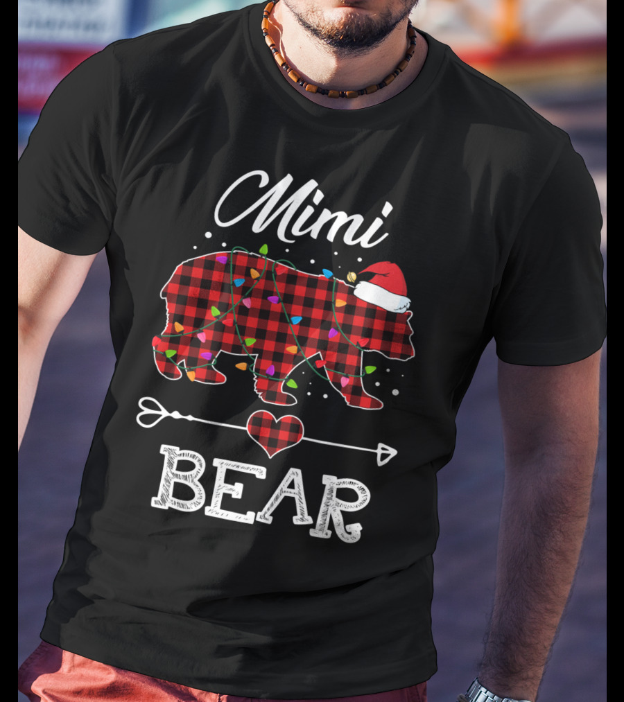 Mimi Bear Christmas Red Plaid Buffalo Santa Hat Lights T-Shirt