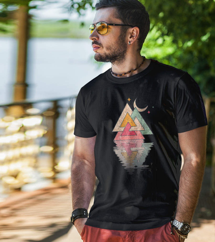 Minimal Mountains Valknut Geometry Moon Reflection T-Shirt