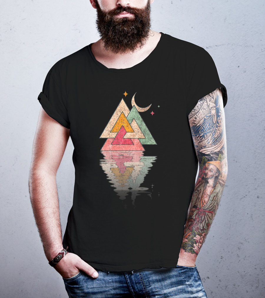 Minimal Mountains Valknut Geometry Moon Reflection T-Shirt