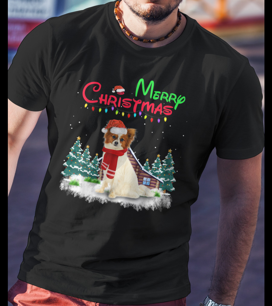 Papillon Dog With Santa Hat And Christmas Lights In Snowy Holiday Scene T-Shirt