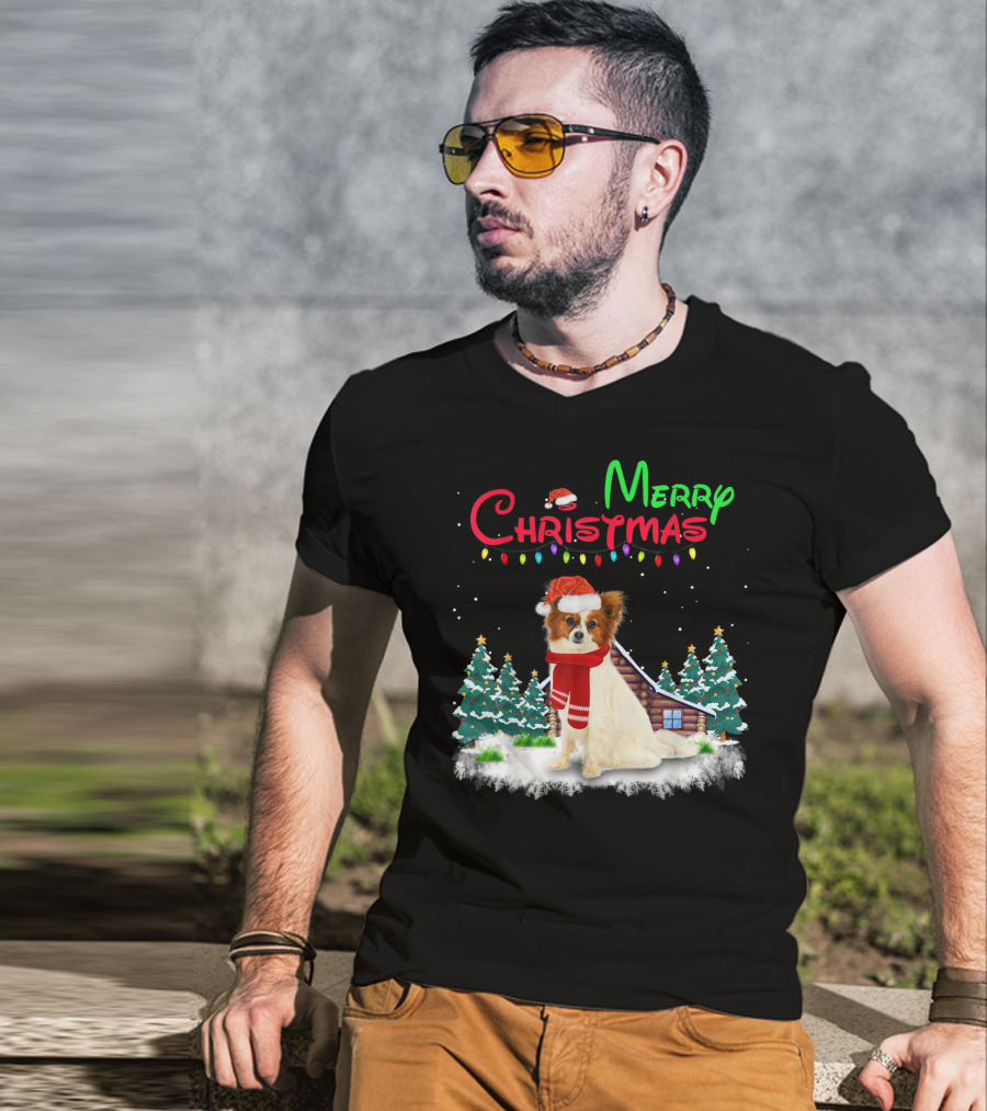Papillon Dog With Santa Hat And Christmas Lights In Snowy Holiday Scene T-Shirt