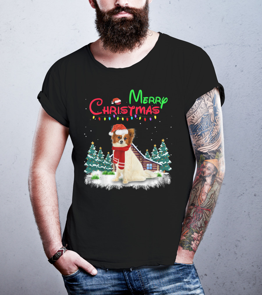 Papillon Dog With Santa Hat And Christmas Lights In Snowy Holiday Scene T-Shirt