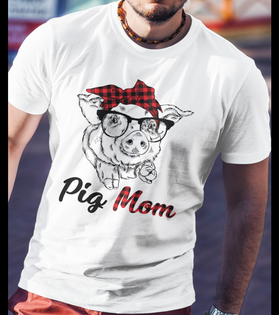 Pig Mom Piggy Outfit Mother Plaid Bow Glasses T-Shirt