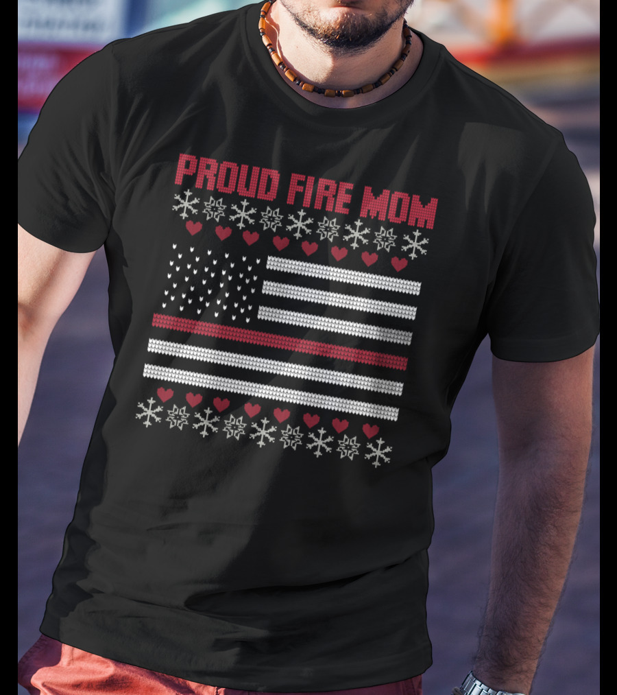 Proud Fire Mom Thin Red Line American Flag Snowflakes Hearts T-Shirt