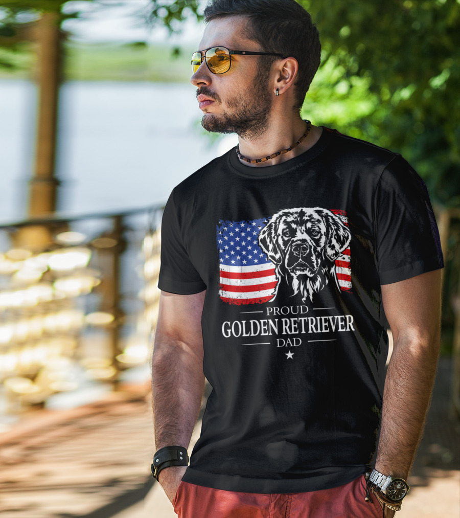 Proud Golden Retriever Dad American Flag Patriotic Canine T-Shirt