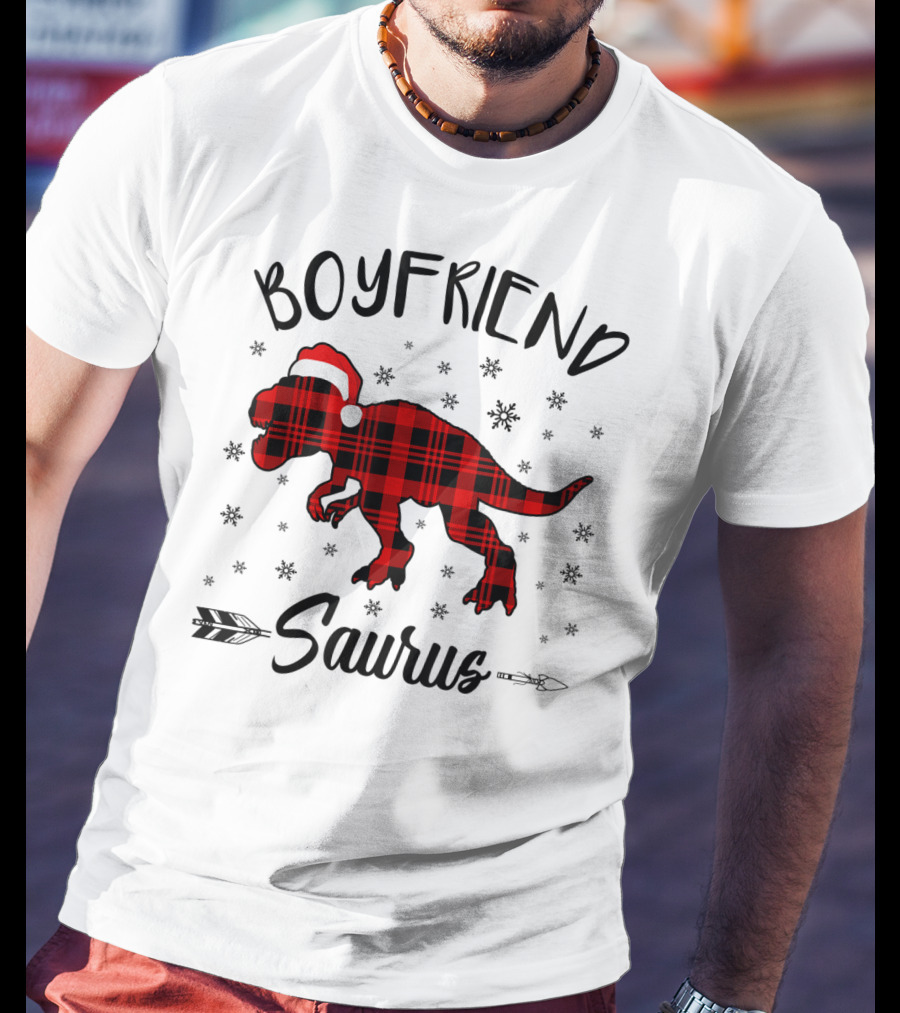 Boyfriend Saurus Red Plaid Dinosaur Christmas Hat T-Shirt
