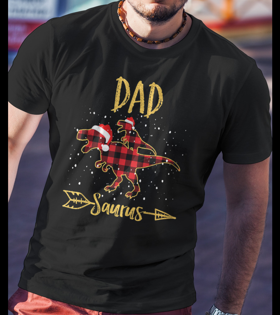 Dad Saurus Red Plaid Dinosaur With Santa Hat T-Shirt