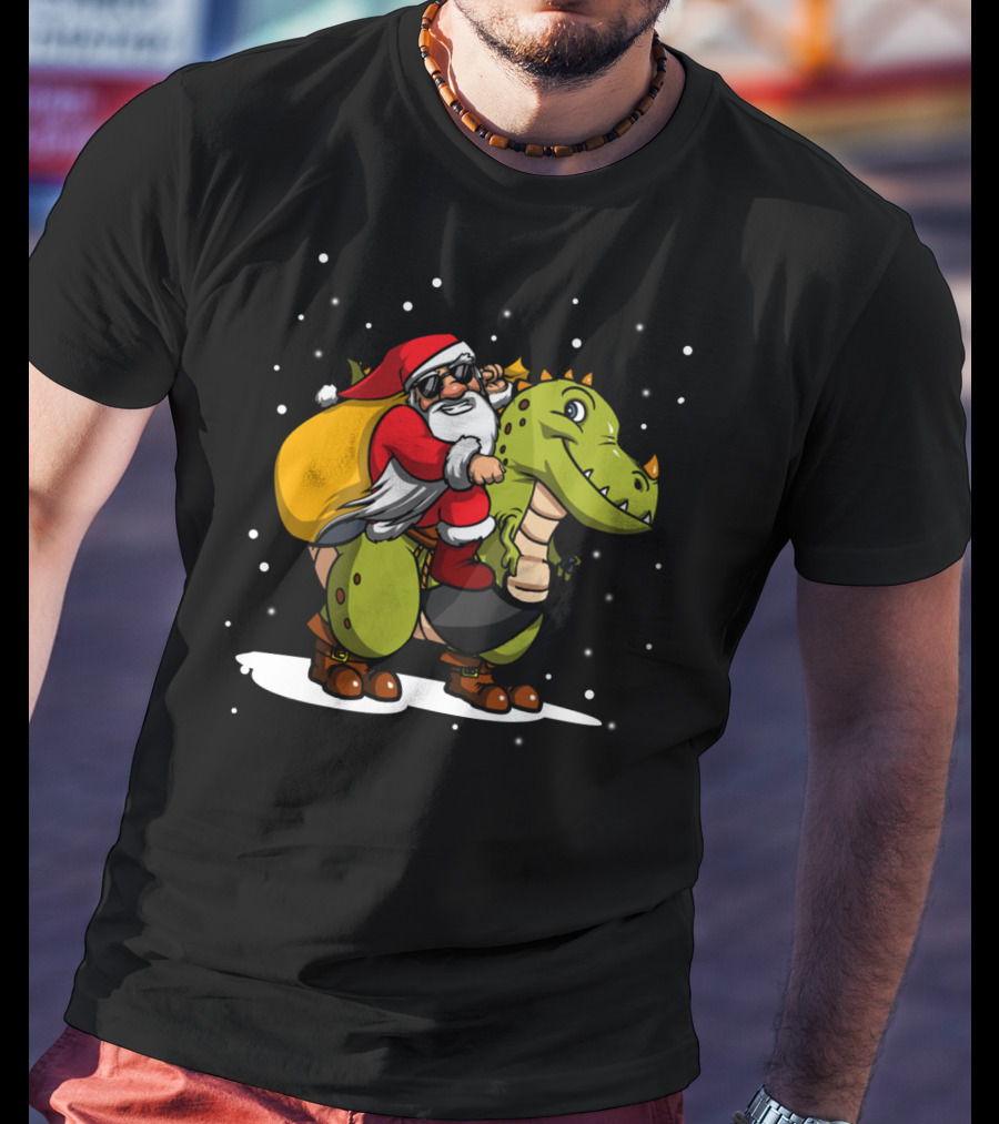 Santa Riding Dinosaur Christmas Trex Snowy Night Scene T-Shirt