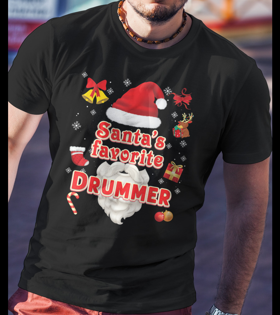 Santa's Favorite Drummer Christmas Santa Hat Reindeer Gift Bells Snowflakes Candy Cane Ornaments T-Shirt