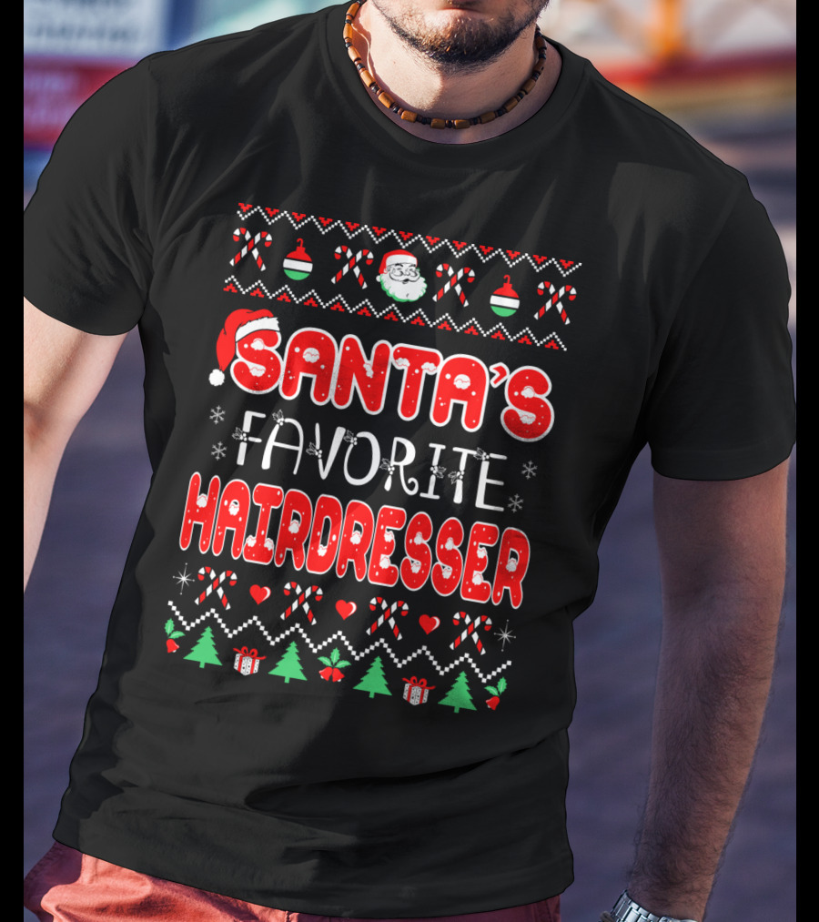 Santa's Favorite Hairdresser Christmas Candy Canes Ornament Santa Hat Snowflakes T-Shirt