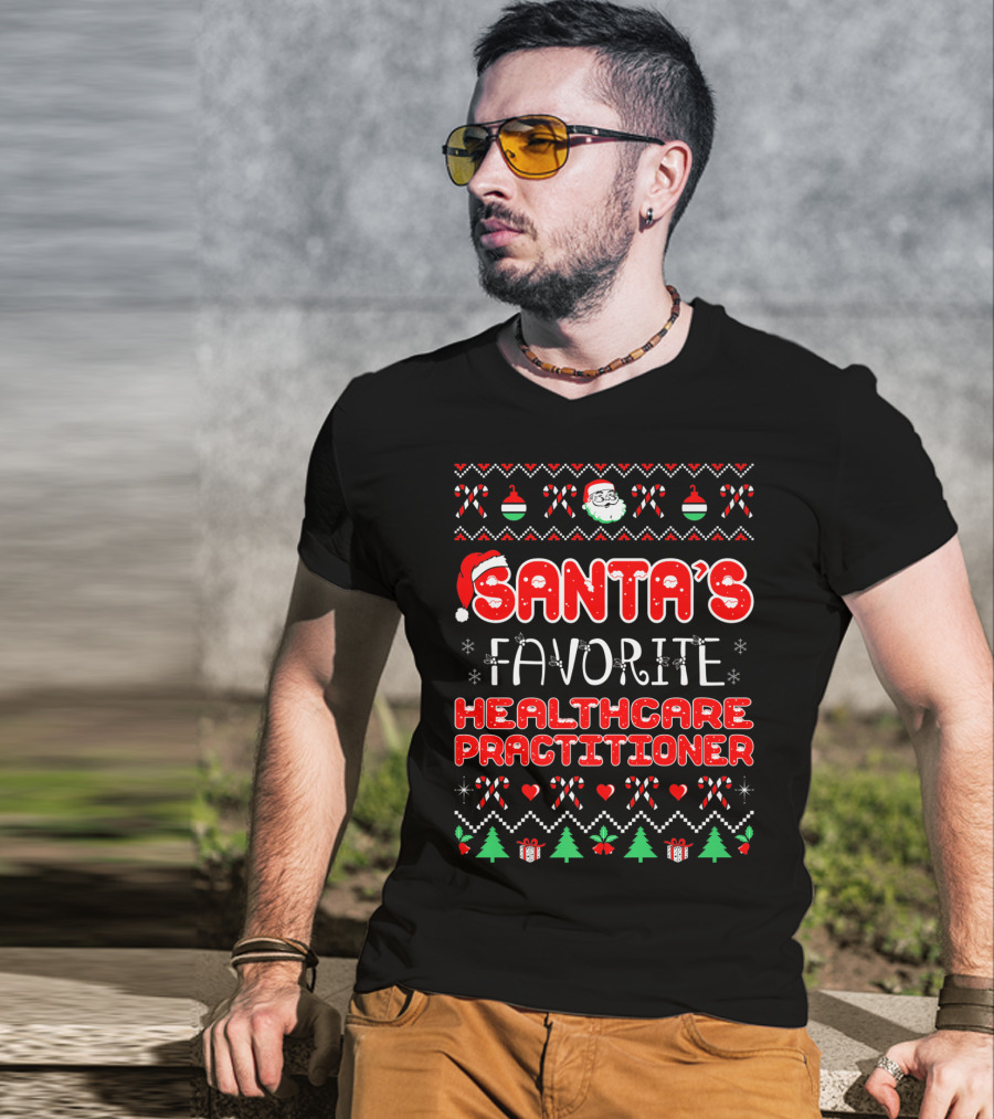 Santa's Favorite Healthcare Practitioner Christmas Sweater Design With Festive Icons T-Shirt