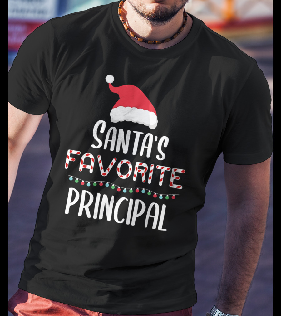 Santa's Favorite Principal Christmas Hat And Lights T-Shirt