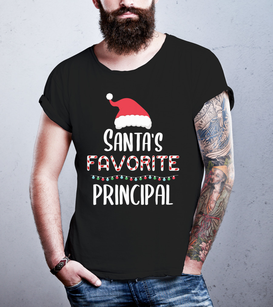 Santa's Favorite Principal Christmas Hat And Lights T-Shirt