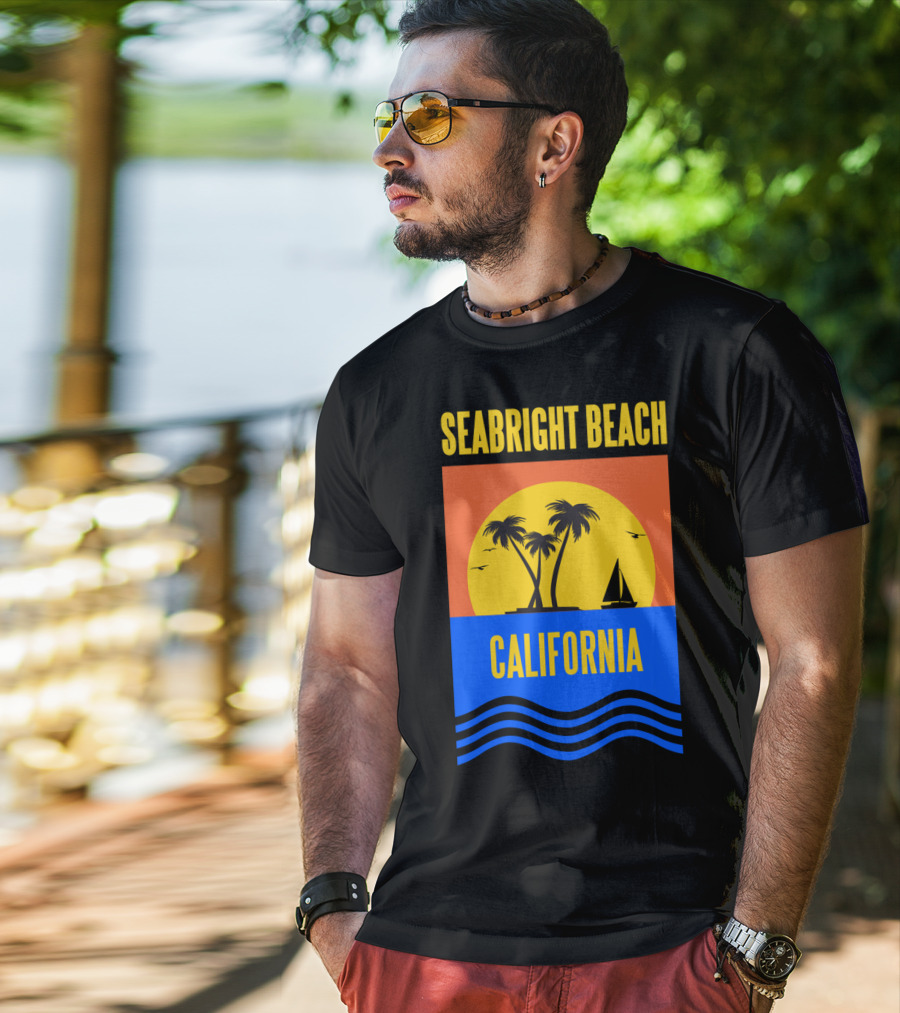 Seabright Beach California Sunset Palm Trees Sailboat Vacation T-Shirt
