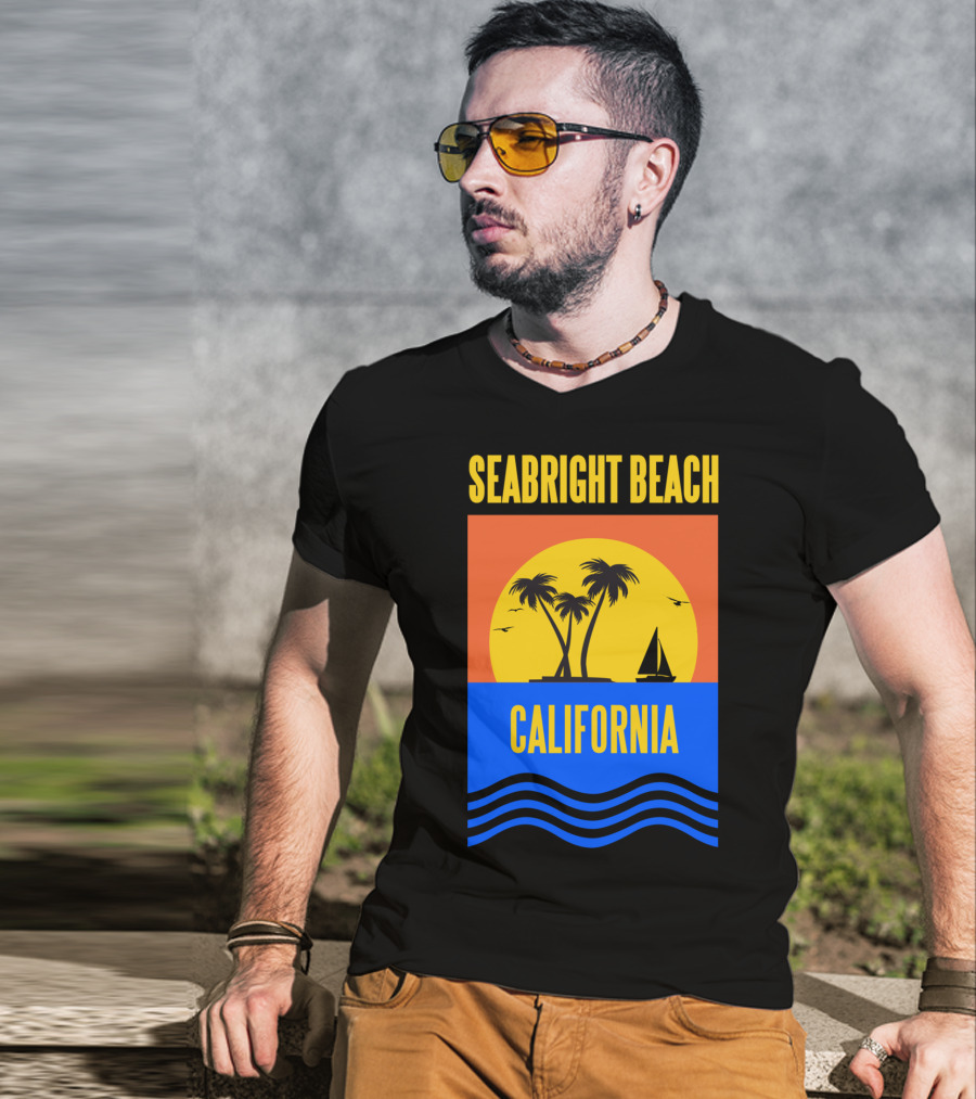 Seabright Beach California Sunset Palm Trees Sailboat Vacation T-Shirt