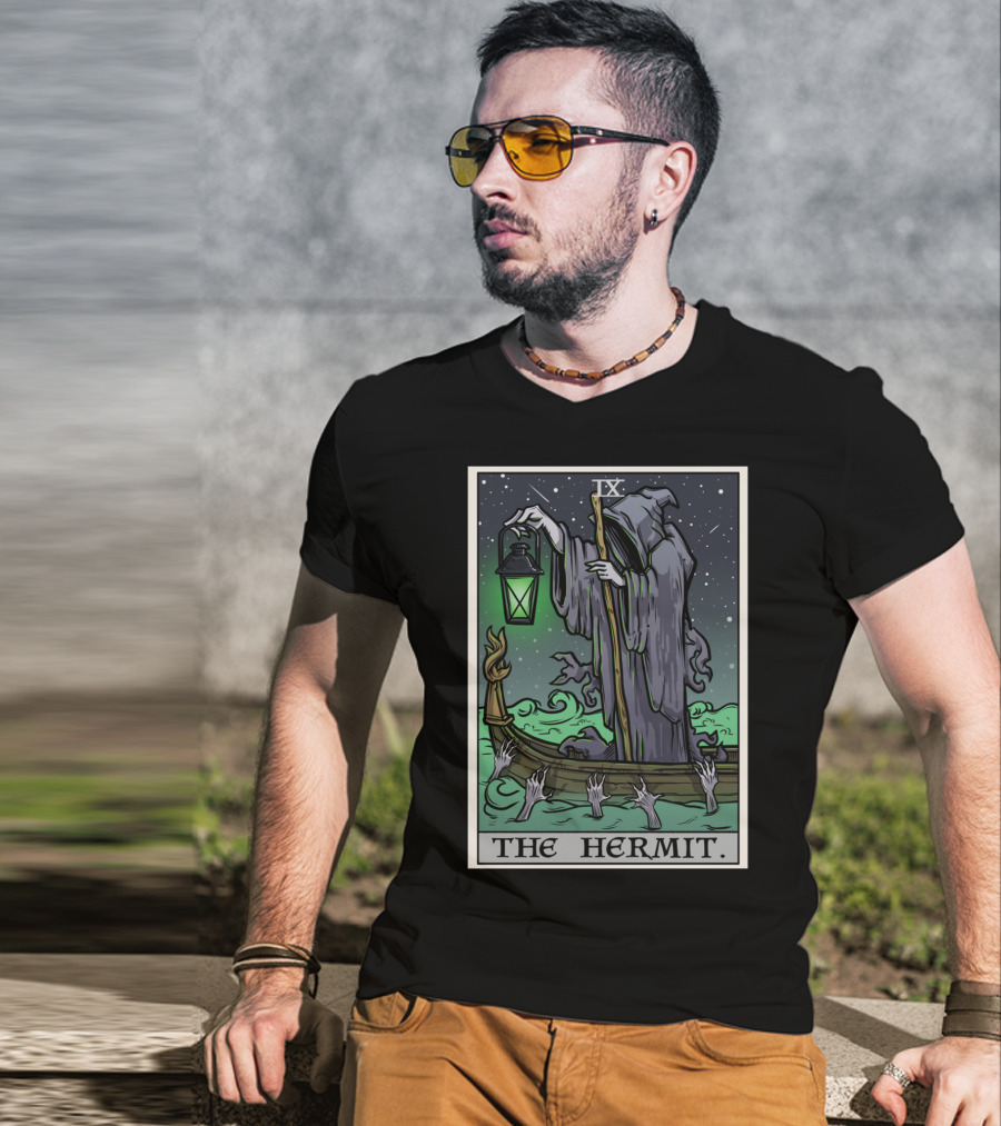The Hermit Tarot Card IX Gothic Halloween Grim Lantern Boat T-Shirt