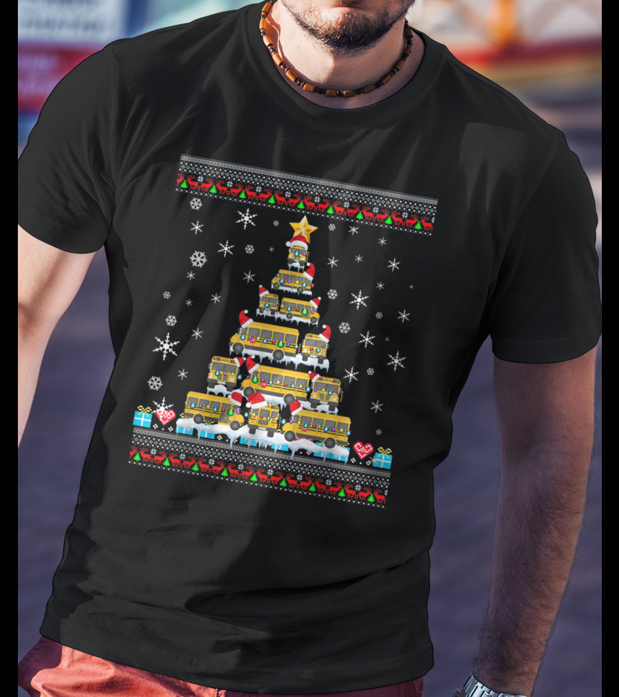 Ugly Christmas Tree Built From School Buses With Snowflakes And Holiday Decorations For Bus Driver Lovers T-Shirt
