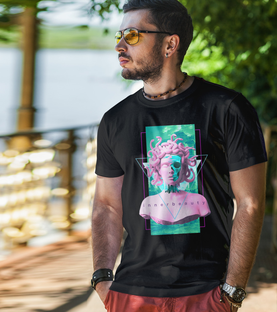 Vaporwave Inner Beauty Medusa Statue With Skull Aesthetic T-Shirt