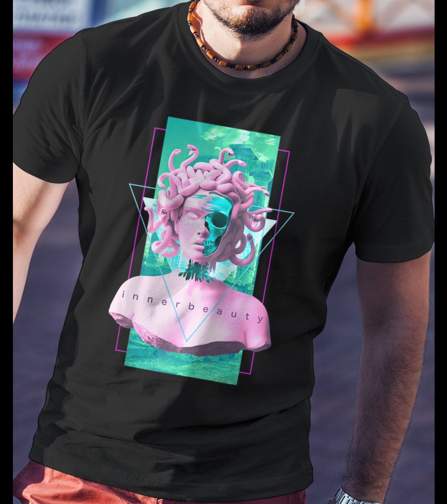 Vaporwave Inner Beauty Medusa Statue With Skull Aesthetic T-Shirt