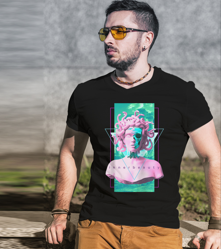 Vaporwave Inner Beauty Medusa Statue With Skull Aesthetic T-Shirt