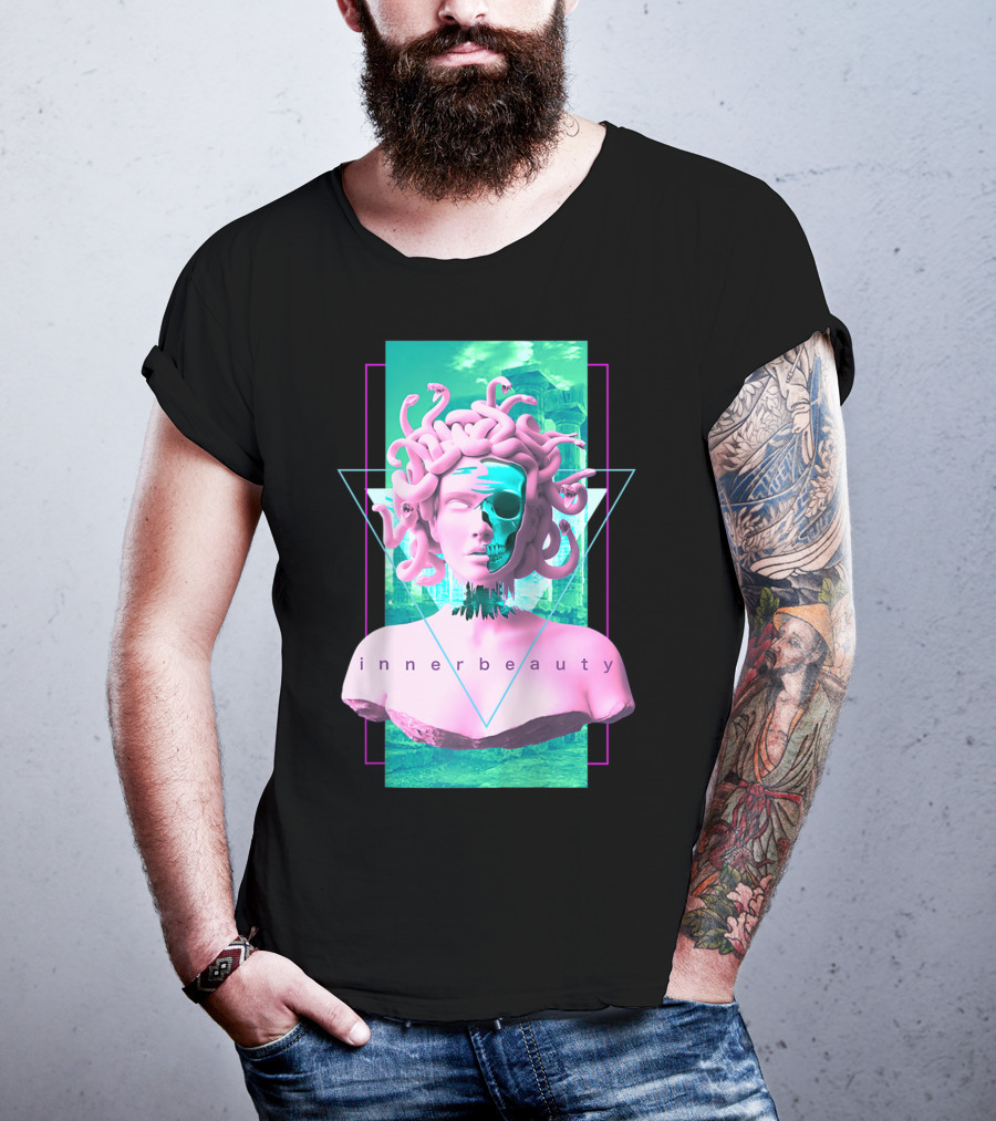 Vaporwave Inner Beauty Medusa Statue With Skull Aesthetic T-Shirt