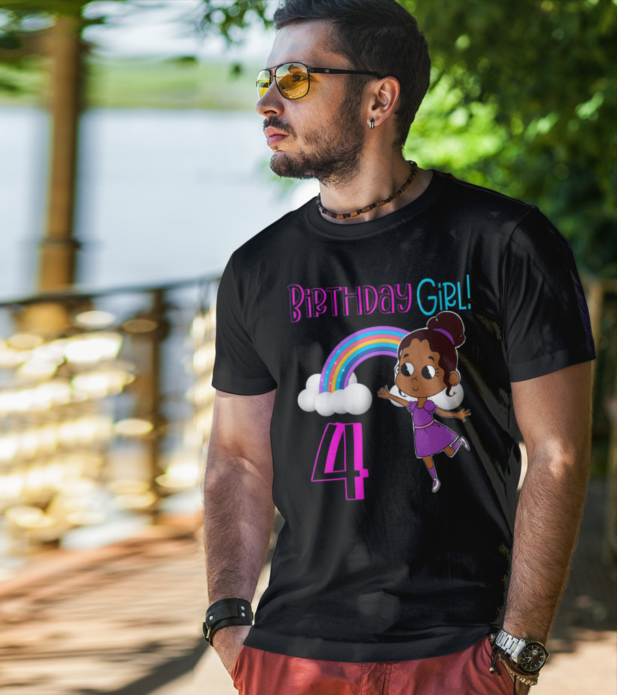 Birthday Girl 4 African American Rainbow And Girl In Purple Dress T-Shirt