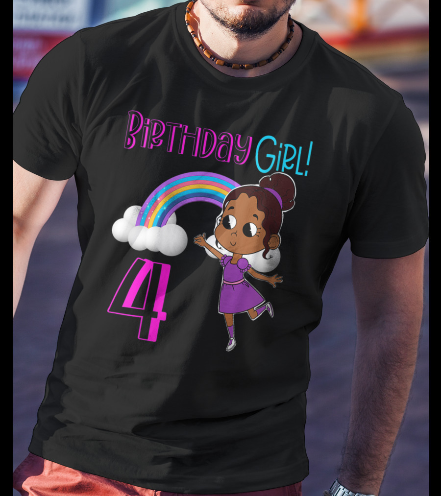 Birthday Girl 4 African American Rainbow And Girl In Purple Dress T-Shirt