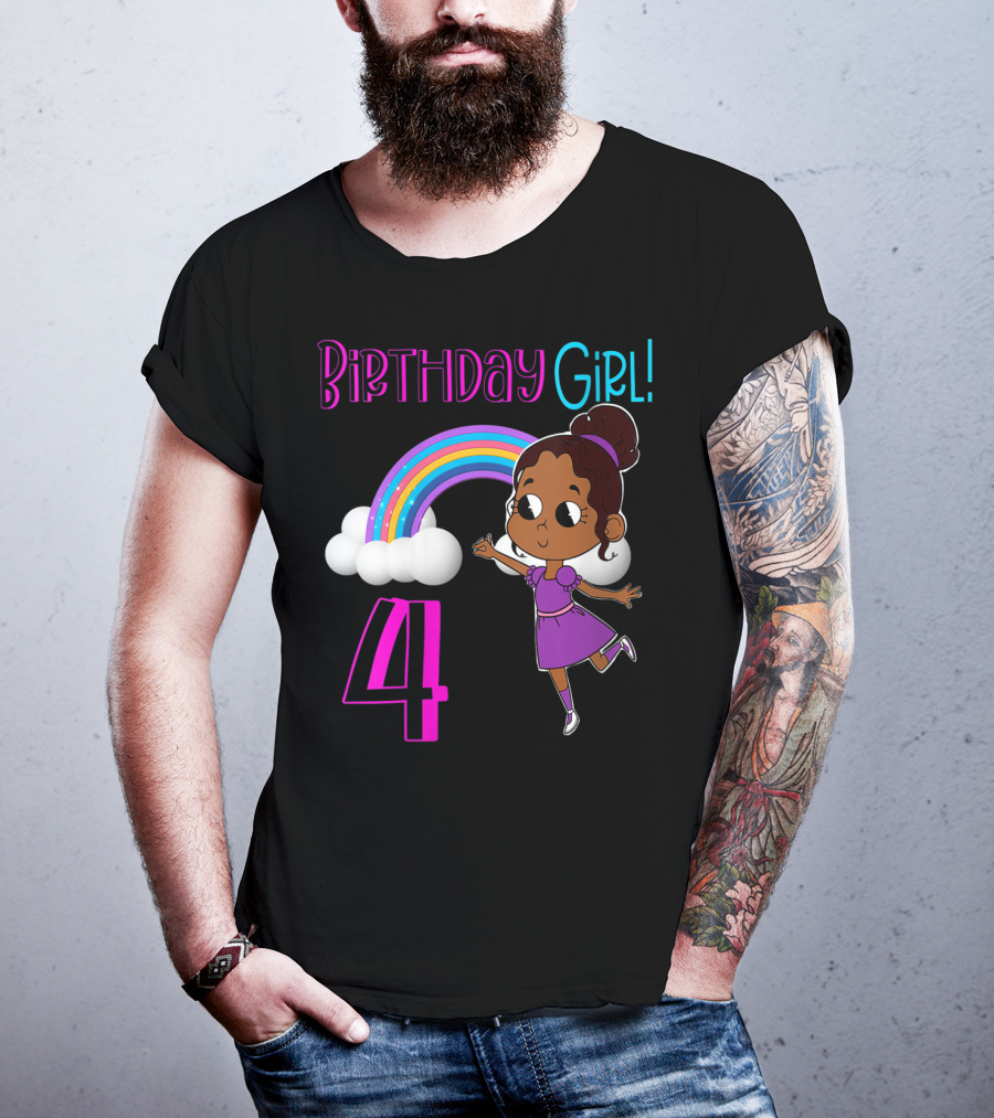 Birthday Girl 4 African American Rainbow And Girl In Purple Dress T-Shirt