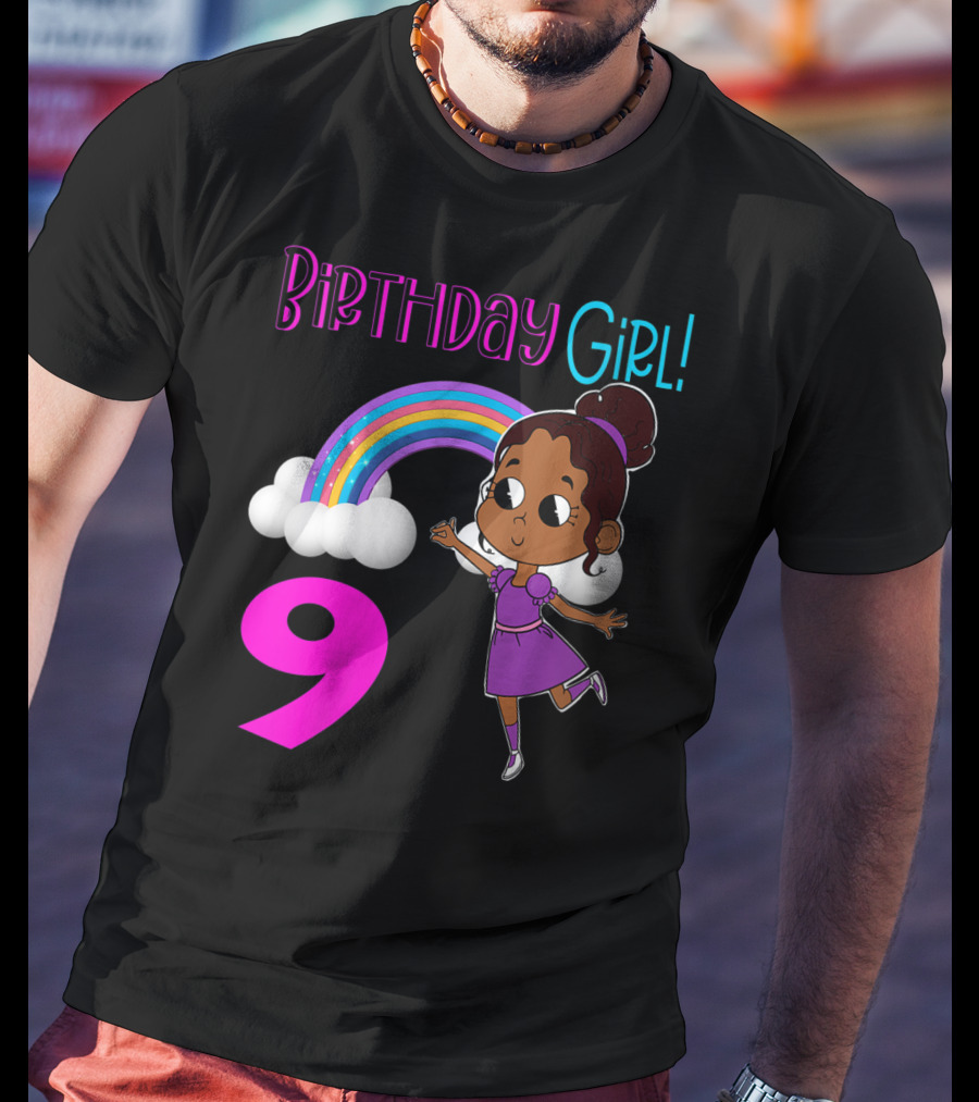 Birthday Girl 9 African American Rainbow Purple Dress T-Shirt