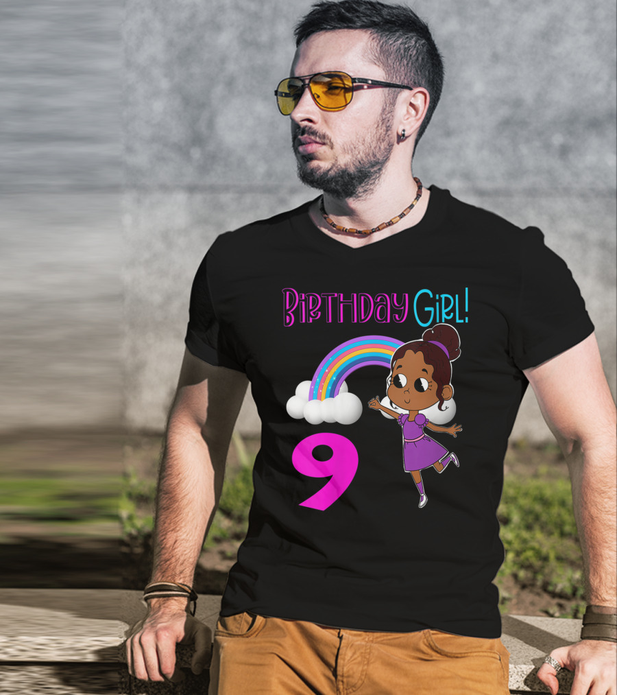 Birthday Girl 9 African American Rainbow Purple Dress T-Shirt