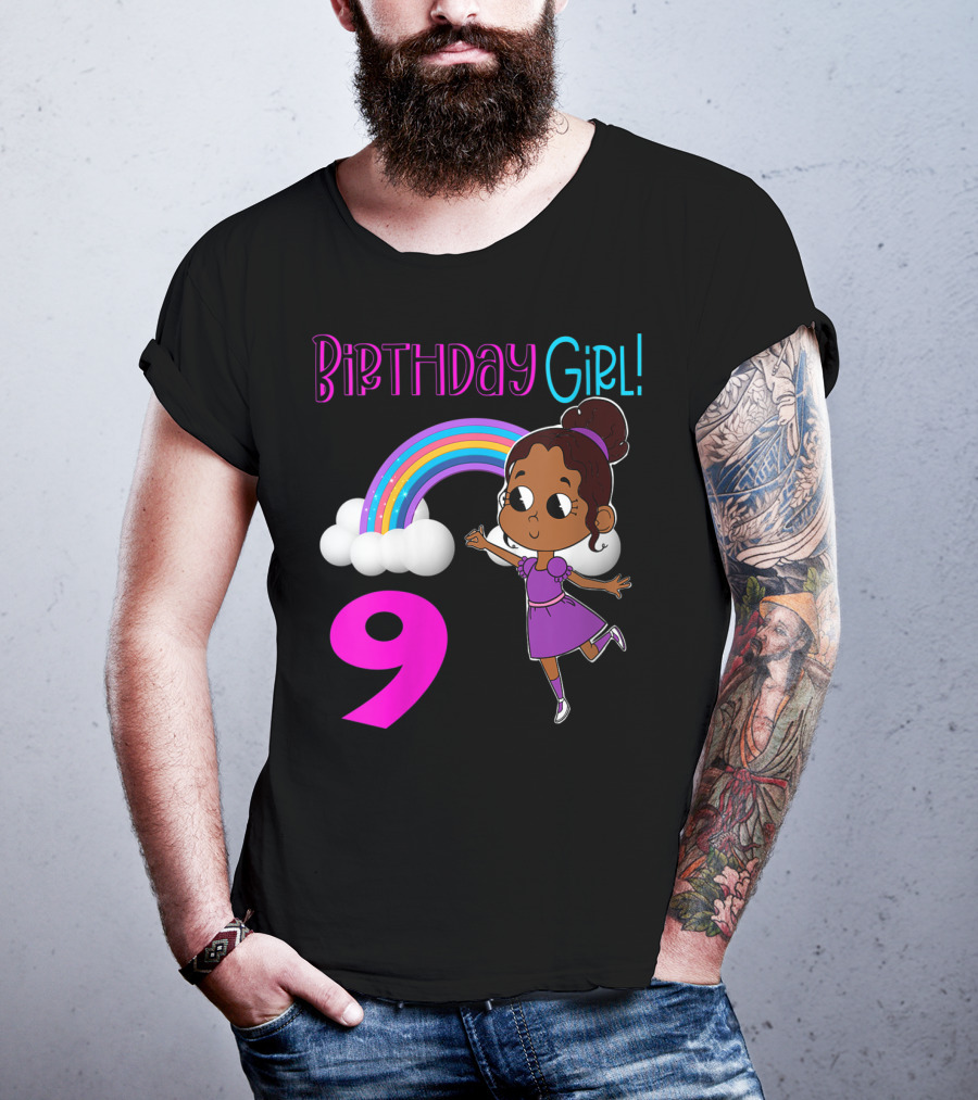 Birthday Girl 9 African American Rainbow Purple Dress T-Shirt