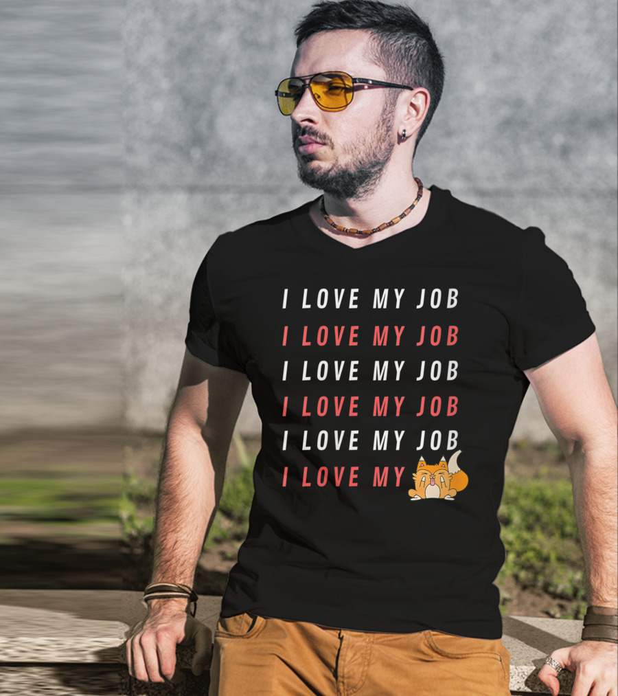 I Love My Job Cat Showing Middle Finger Repeated Text T-Shirt