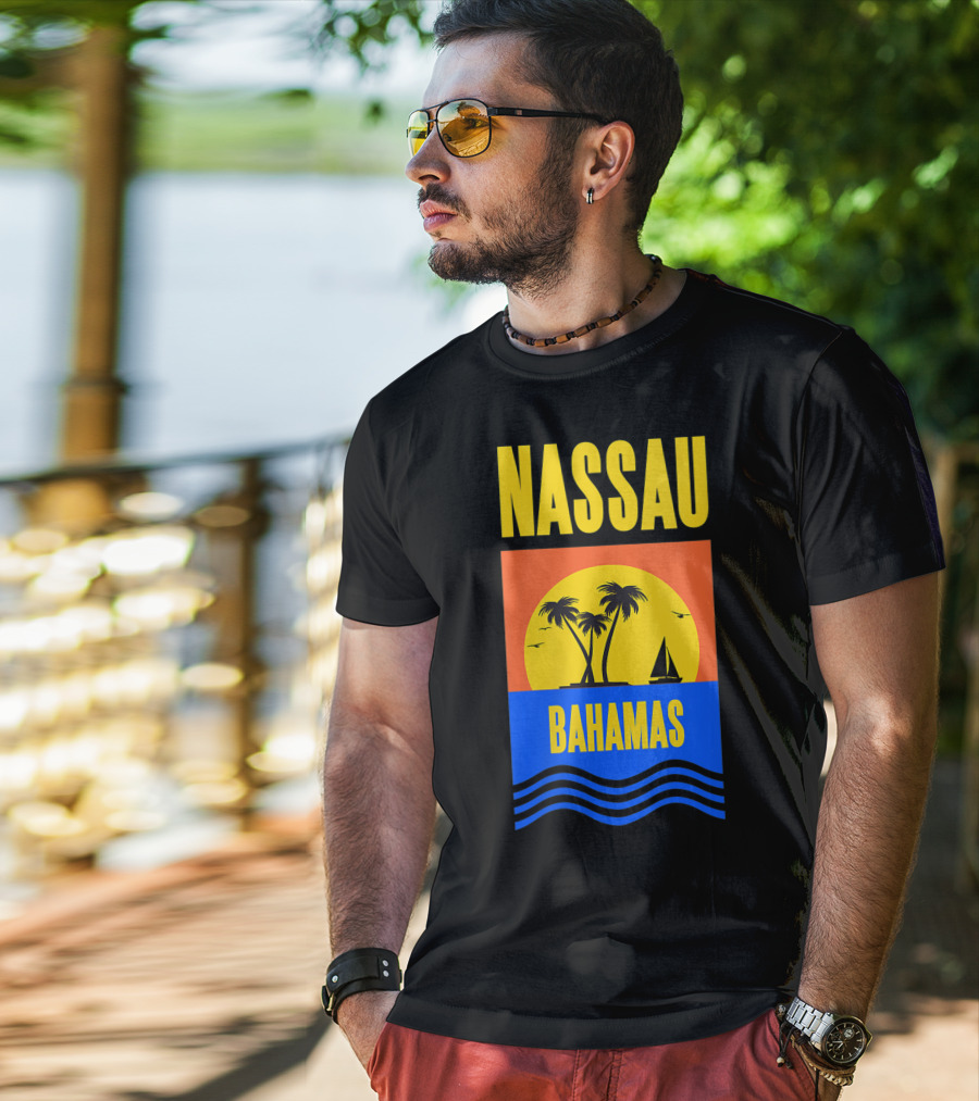 Nassau Bahamas Sunset Palm Trees And Sailboat Ocean Waves T-Shirt