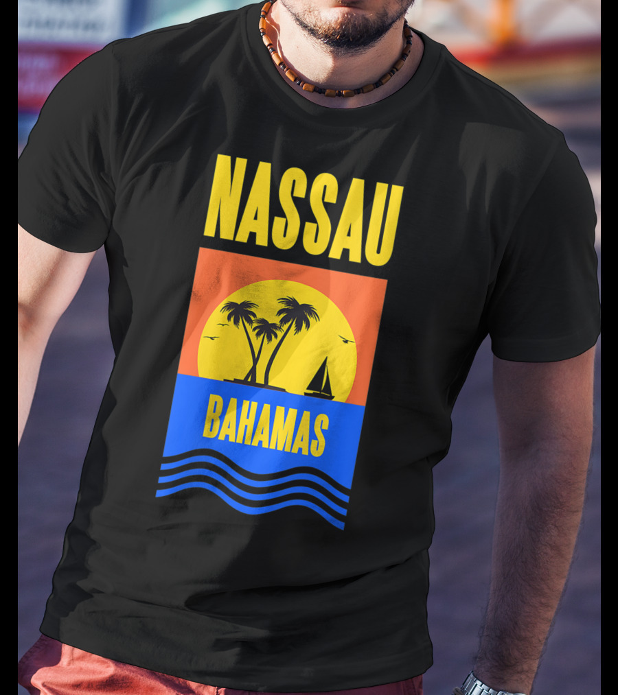Nassau Bahamas Sunset Palm Trees And Sailboat Ocean Waves T-Shirt
