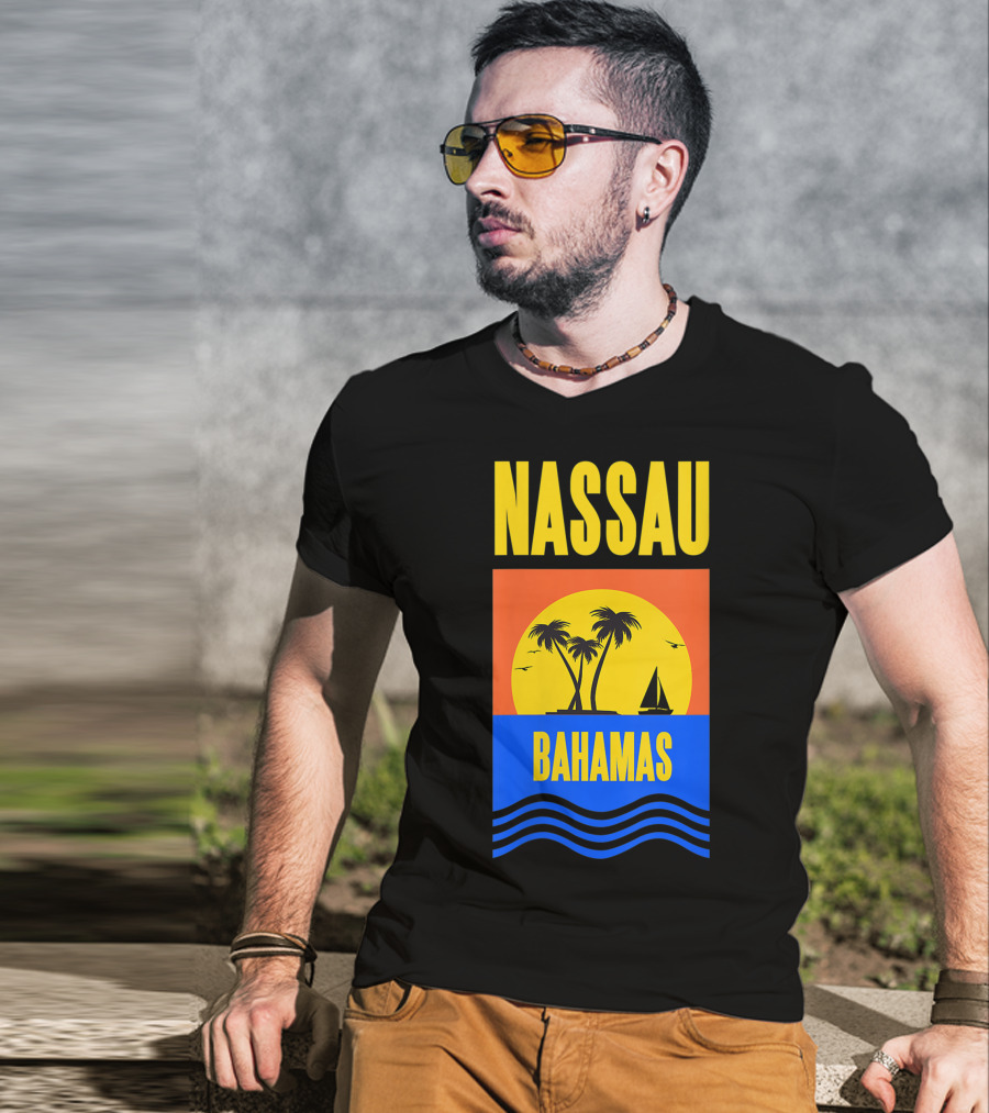 Nassau Bahamas Sunset Palm Trees And Sailboat Ocean Waves T-Shirt